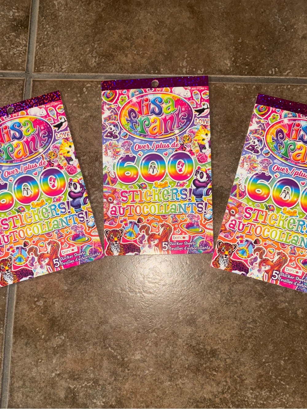 Lot of 3 Lisa Frank Bright Rainbow Sticker Pack - Pink, Purple, Blue